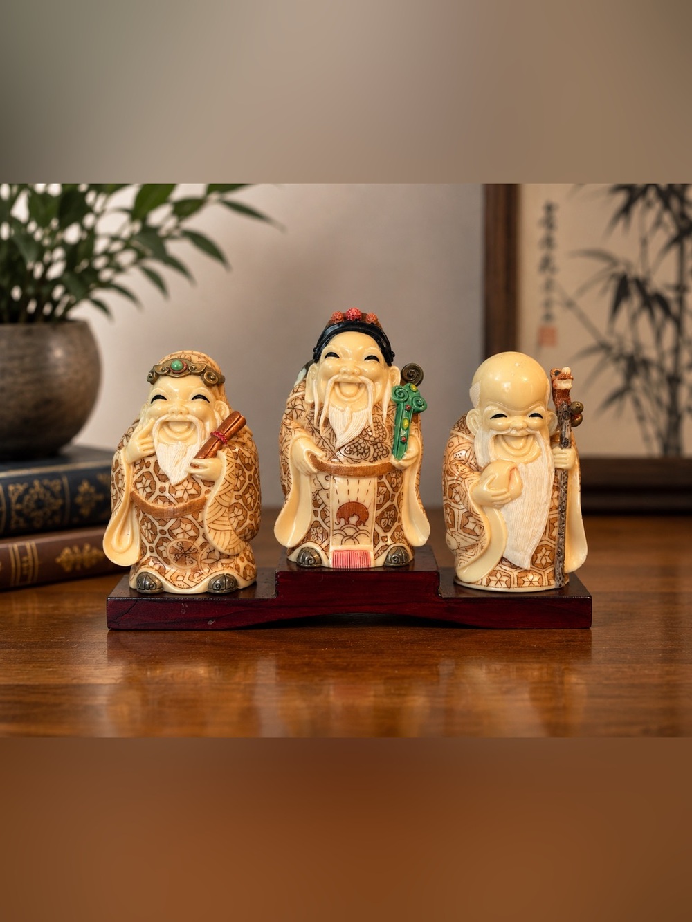 Vintage Asian Immortals Figurine Set on Wood Stand – Fuk, Luk & Sau Figures